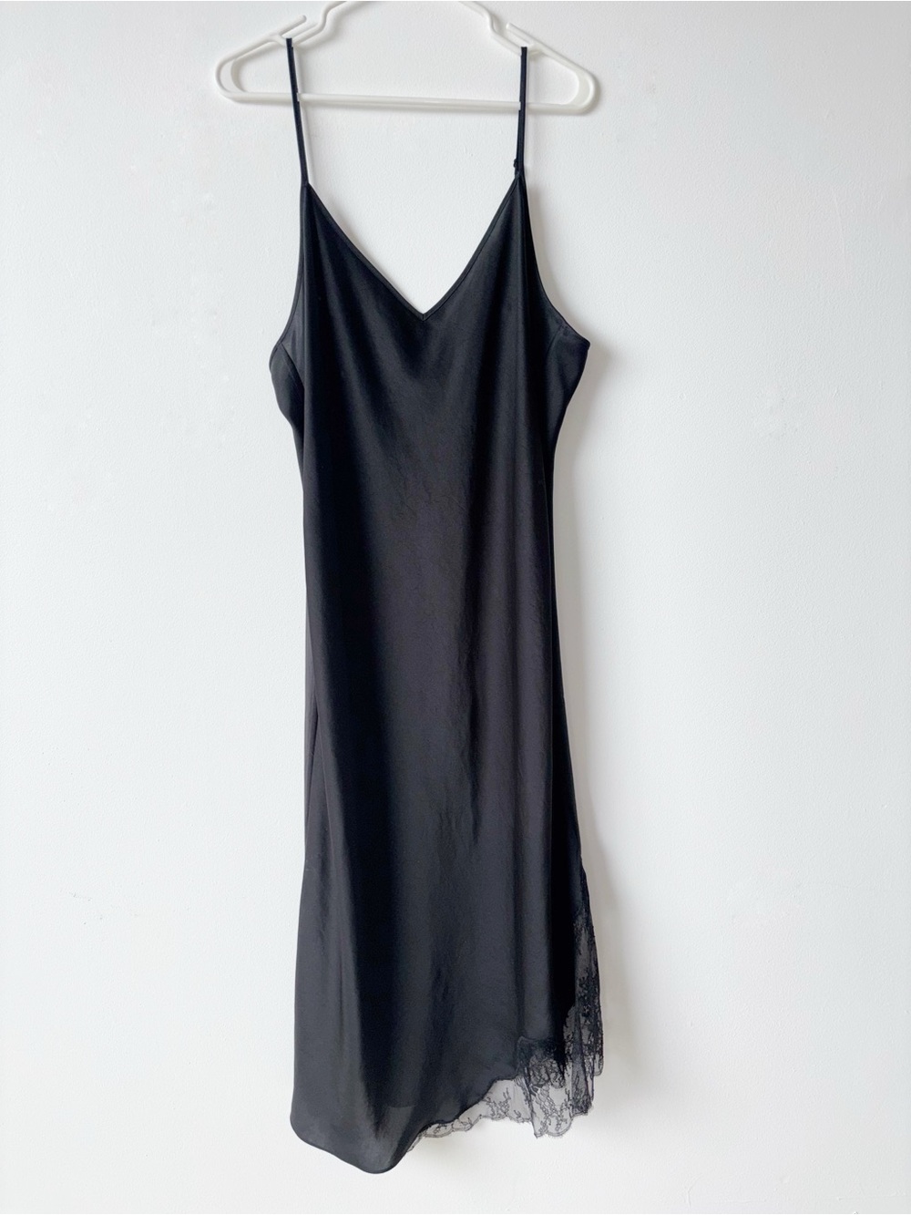 Wilfred Black Silk-Feel Slip Midi Dress with Lace Hem